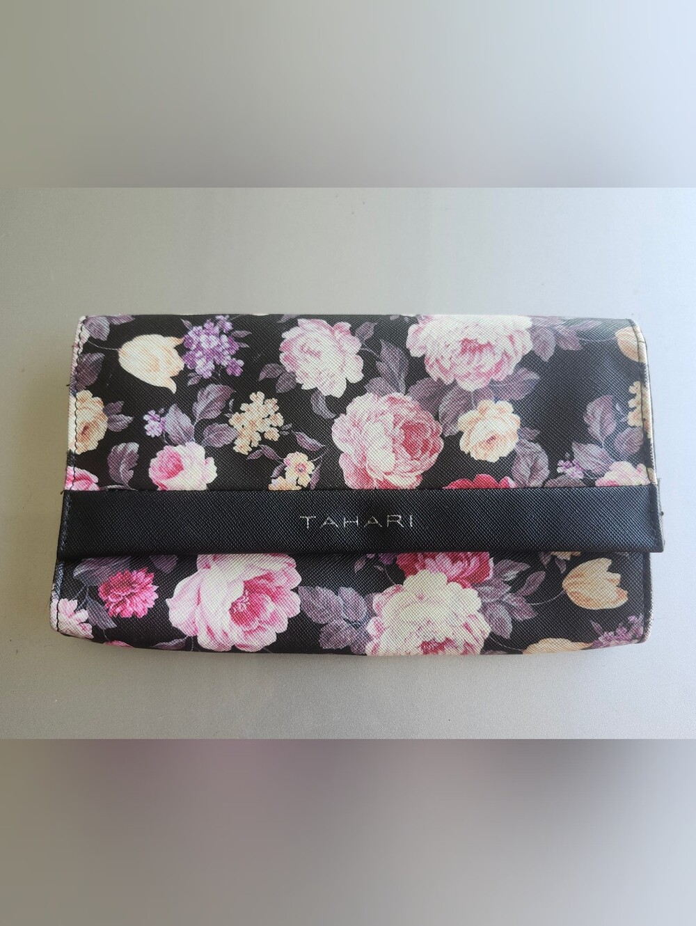 Tahari Black Floral Foldover Clutch with Pink & Cream Blooms
